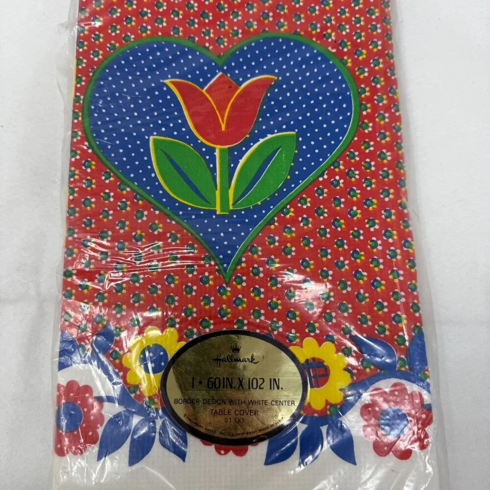 Vintage Hallmark Tulip Floral Table Cover 60X102 Red Blue Border Tablecloth New
